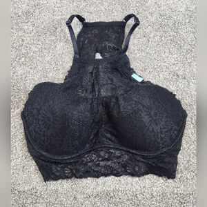 NEW Victoria Secret PINK Black Lace Bralette Push Up High Lace Chest Size Large